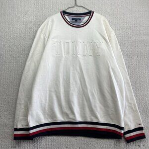 Y2K Tommy Hilfiger Sweatshirt Crew Neck Mens XXL White Embossed Spell Out Read